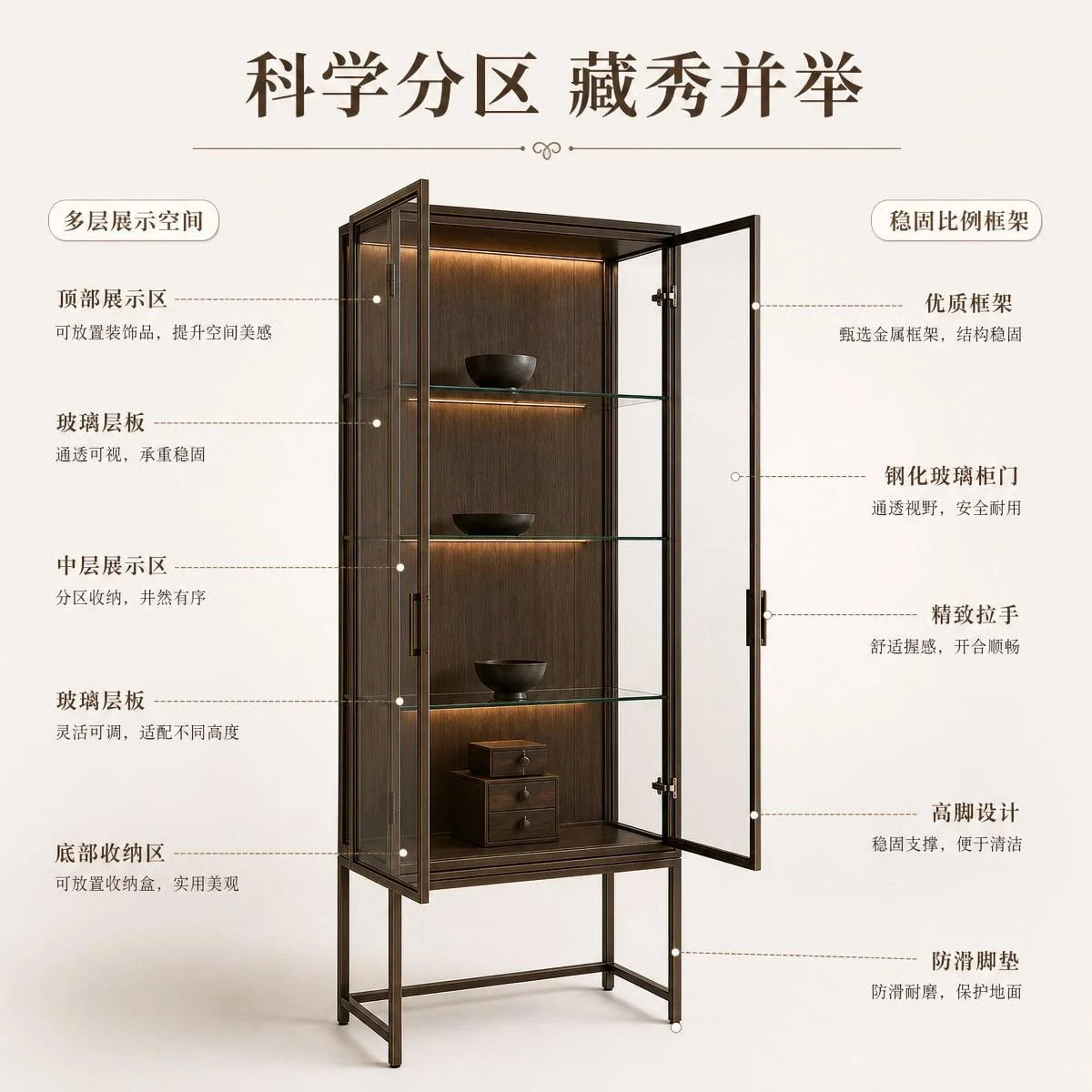 LOAFI MOXU Bronze-tone Glass Display Cabinet · Proportion & detail