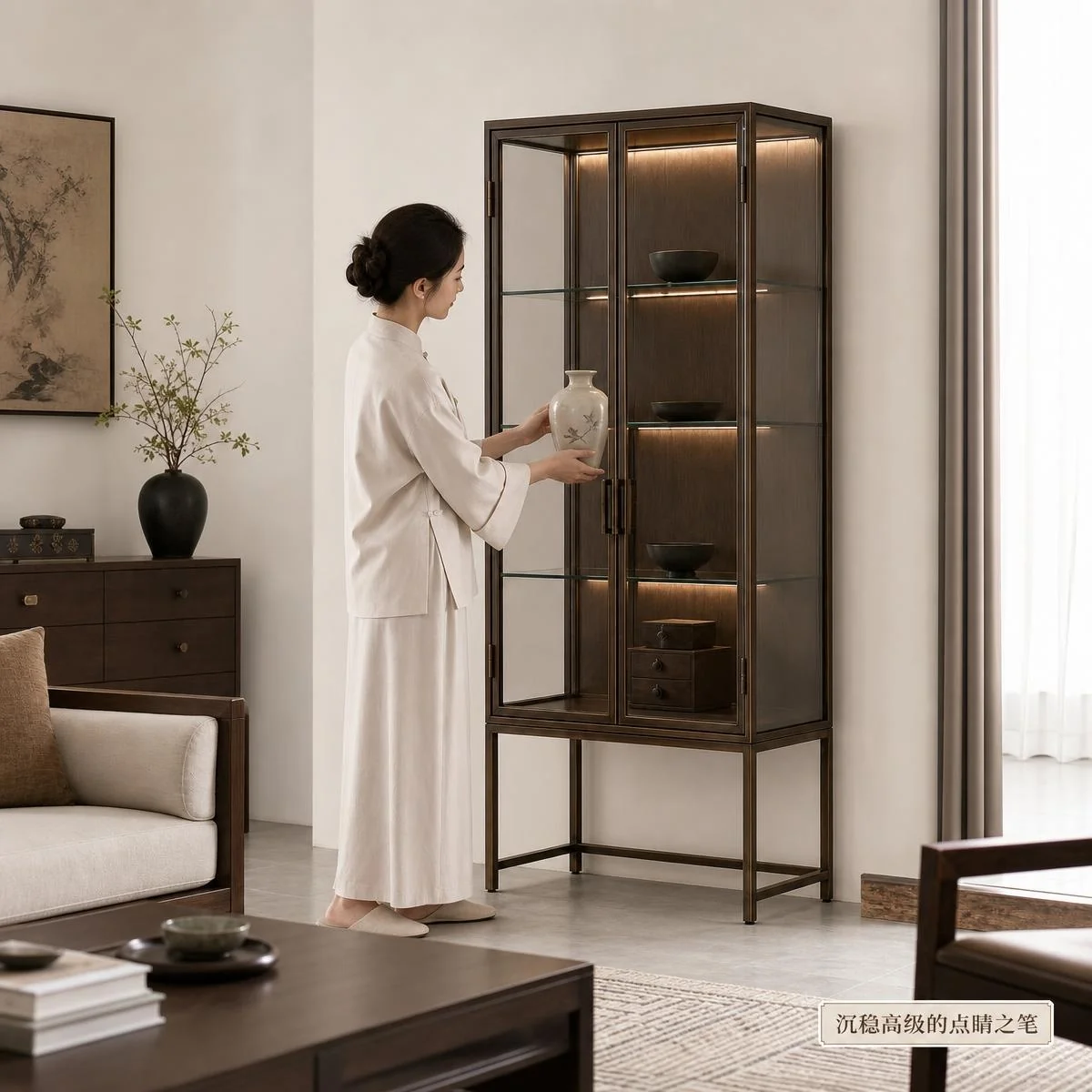 LOAFI MOXU Bronze-tone Glass Display Cabinet · Room context