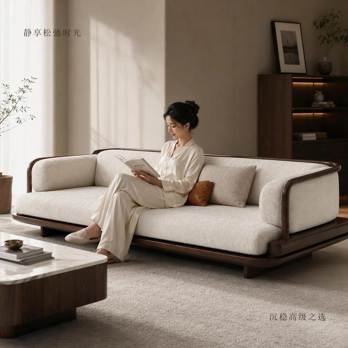 LOAFI MOXU Walnut Three-seat Sofa · Room context